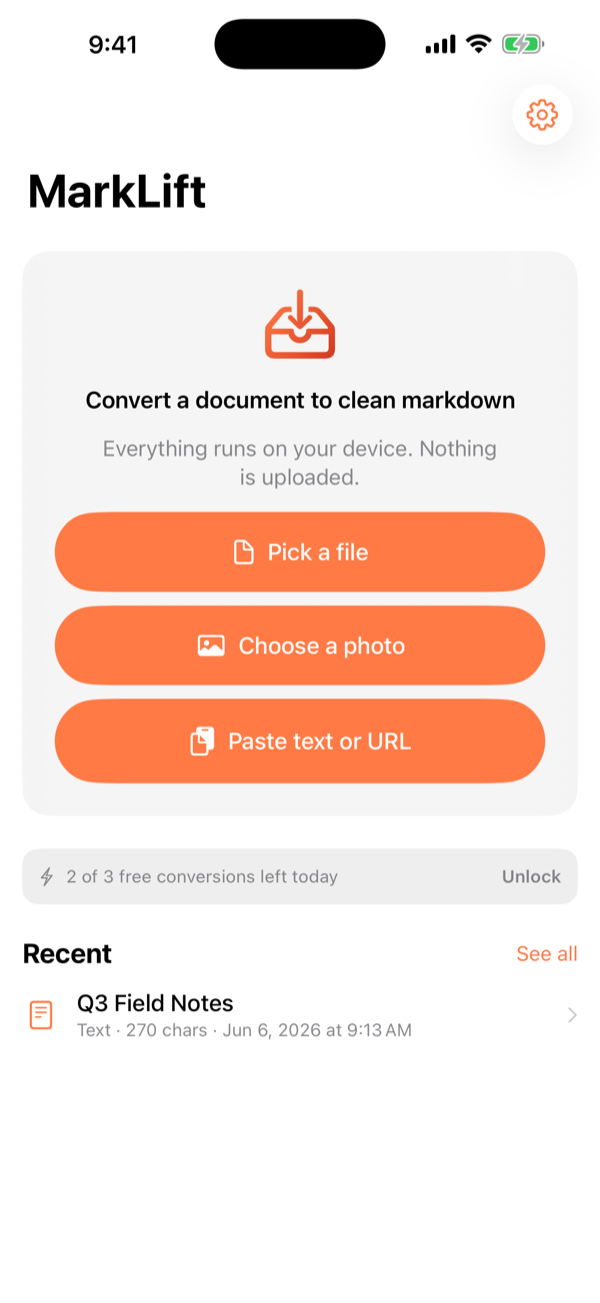 MarkLift home screen with conversion options